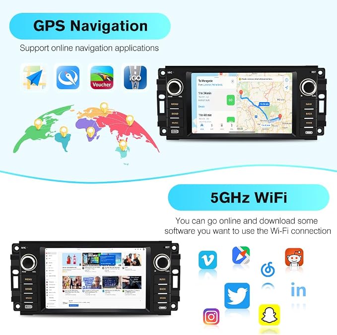 8 Core Car Radio Stereo for Jeep Wrangler JK 2007-2018 Dodge Ram 1500 2008-2012, 7 Inch Touch Screen Radio with CarPlay Android Auto Bluetooth WiFi GPS FM Backup Camera【4GB+64GB】