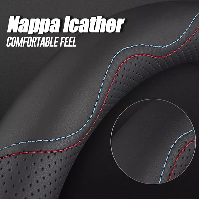 Nappa Premium Leather car Steering Wheel Cover, Non-Slip, Breathable, Universal 15 inches,Black and red Blue line