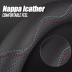 Nappa Premium Leather car Steering Wheel Cover, Non-Slip, Breathable, Universal 15 inches,Black and red Blue line
