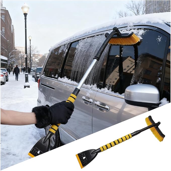 Car Snow Brush and Ice Scraper, 2 in 1 Detachable Aluminum Vehicle Snow Removal Tool with Ergonomic Foam Grip for Windshield, Automotive Ice Shovel Accessories, Universal Fit (Yellow/Black)