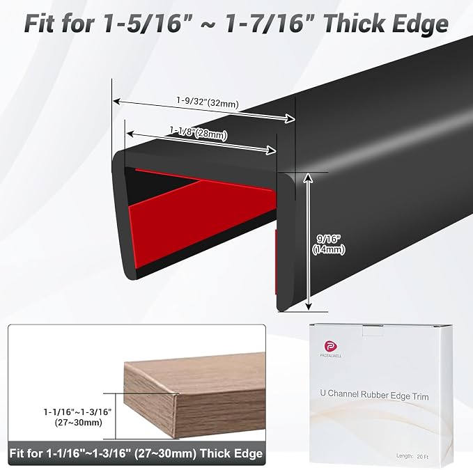 Rubber Edge Trim, 1-1/8 inch (28mm) Wide U Channel Edge Trim, Big Size U Shaped Trim, Self Adhesive Edge Banding for Plywood, Woods, Doors, Shelf, Cabinet, Countertop, Length 20Ft, Black