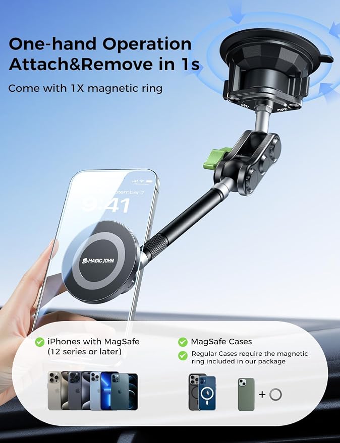 Magnetic Car Phone Holder [Strong Suction&Strong Magnetic] 360° Adjustable Car Phone Mount for Windshield, Ultra-Durable Metal, Suction Cup Car Phone Mount for iPhone Samsung All Smartphone