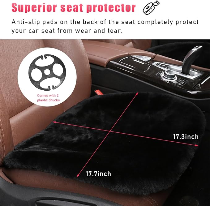 Sheepskin Car Seat Cushion, Comfortable Soft Fur Wool Auto Front Seat Cover, Vehicle Seat Protector Pad for Warm Winter Office Chair, Universal Decor Car Accessories (Black)