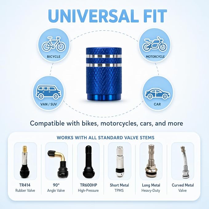 Tire Valve Stem Caps 8 Pack, Aluminum Tire Valve Caps with Plastic Liner, Corrosion Resistant Leak Proof Air Valve Caps, Universal Valve Stem Caps for Cars, Trucks, SUVs, Motorcycles and Bikes