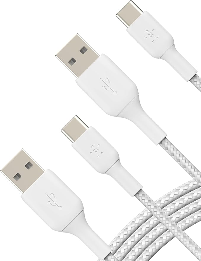 BoostCharge Braided USB-C to USB-A Charging Cable (3.3ft/1M) for iPhone 17 & 16 Series, Samsung Galaxy S25 Series, Google Pixel 10, iPad Pro, Nintendo Switch 2, Carplay, & More - White (2-Pack)