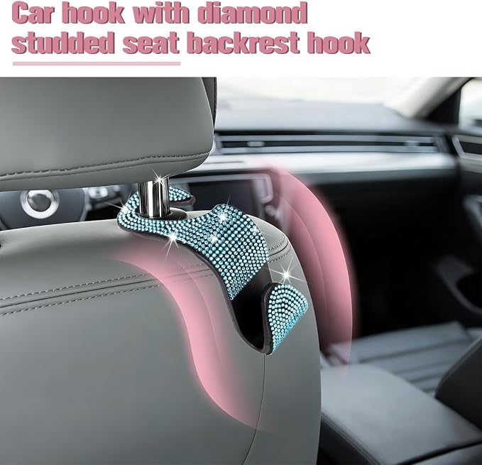 4PCS Bling Car Seat Headrest Hook, Crystal Rhinestone Backseat Hanger Organizer for Purse Handbag Umbrella, Shiny Auto Interior Seat Back Storage Holder Hook, Universal Fit (Blue)