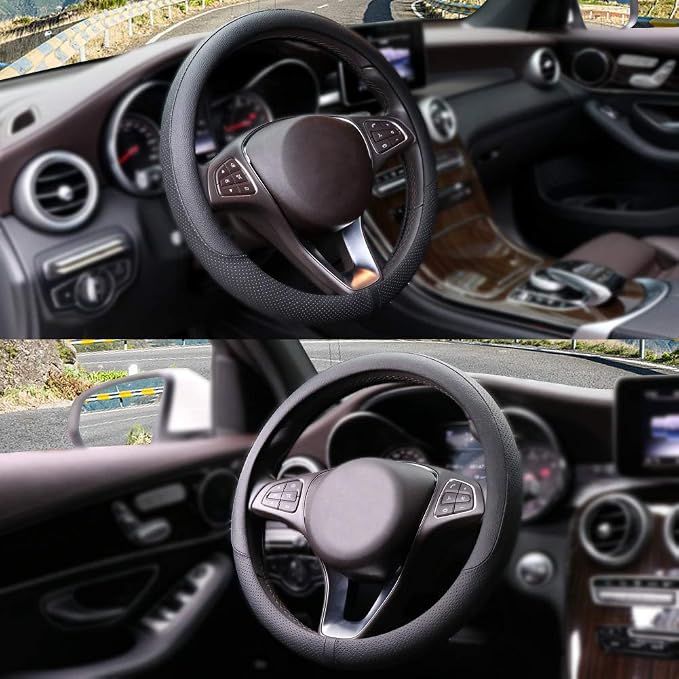 Breathable Car Steering Wheel Cover 15 inch Auto Universal Leather Wrap Non-Slip Steeringwheel Protector Automotive Interior Accessories, Black (Suit for 14 1/2-15 inch)