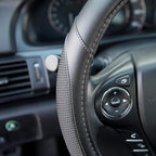 White Steering Wheel Cover - Dotted Comfort Polyester Grip on Stitched Synthetic Leather, White/Black