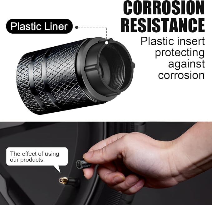Tire Valve Stem Caps - (5 Pack) Metal Air Caps with Plastic Liner, Corrosion Resistant, Leak-Proof, Universal Stem Covers for Cars Trucks Motorcycles and Bikes - Black