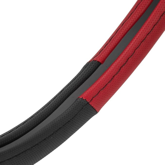 Sporty Two Tone Ergonomic Grip Steering Wheel Cover - Plush Leather Grip for Standard Size Wheels 14.5-15 inch Red/Black