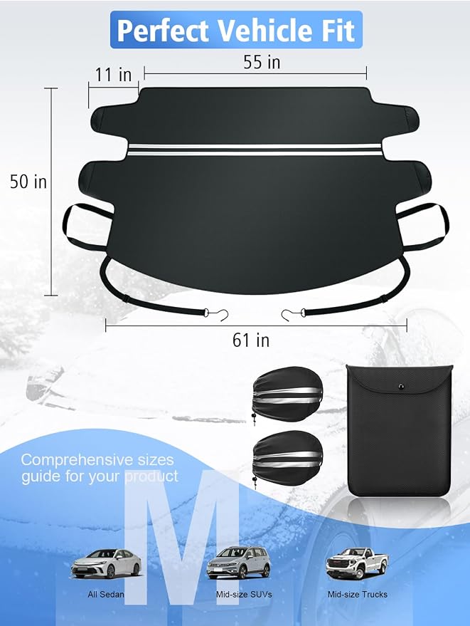 Snow Cover for Car Windshield - Dual Security Panels|Multi-Layer Car Snow Cover with Larger Mirror Covers & Storage Bag|Essential Car Winter Accessories|Fits Sedans, Compact SUVs|M (61"x50")
