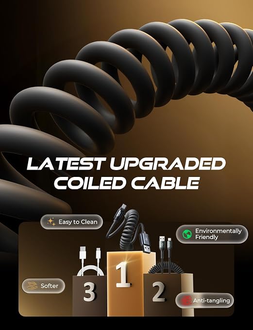 Coiled USB C Cable, 2 Pack for Android Auto & CarPlay Cable, Short USB A to USB C Cable Compatible with iPhone 17/16/15, Samsung Galaxy S25/S24/S23 A15/A14, Google Pixel 9/8, Space Black 6FT