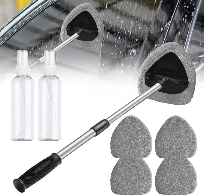 Car Windshield Cleaning Tool Set, Interior Exterior Auto Glass Cleaner Kit with Detachable Handle, 4 Reusable Microfiber Pads, Extendable Wiper Brush for Cars Trucks Home (Grey)