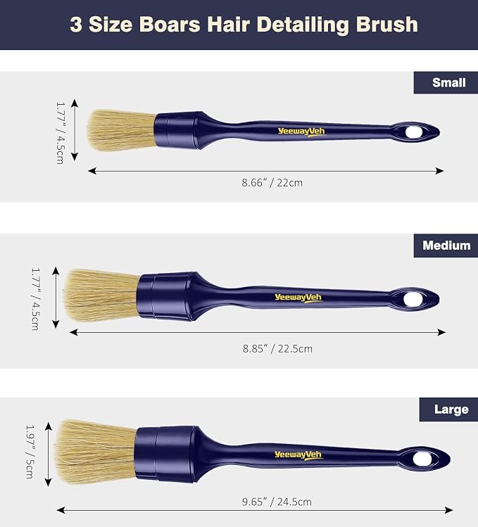 Car Detailing Brush Set, 3 Pack Ultra Soft Boars Hair Detailing Brushes for Leather Seat Air Vents Engine Bay, Auto Detail Brushes Car Detailing for Interior Exterior, Indigo