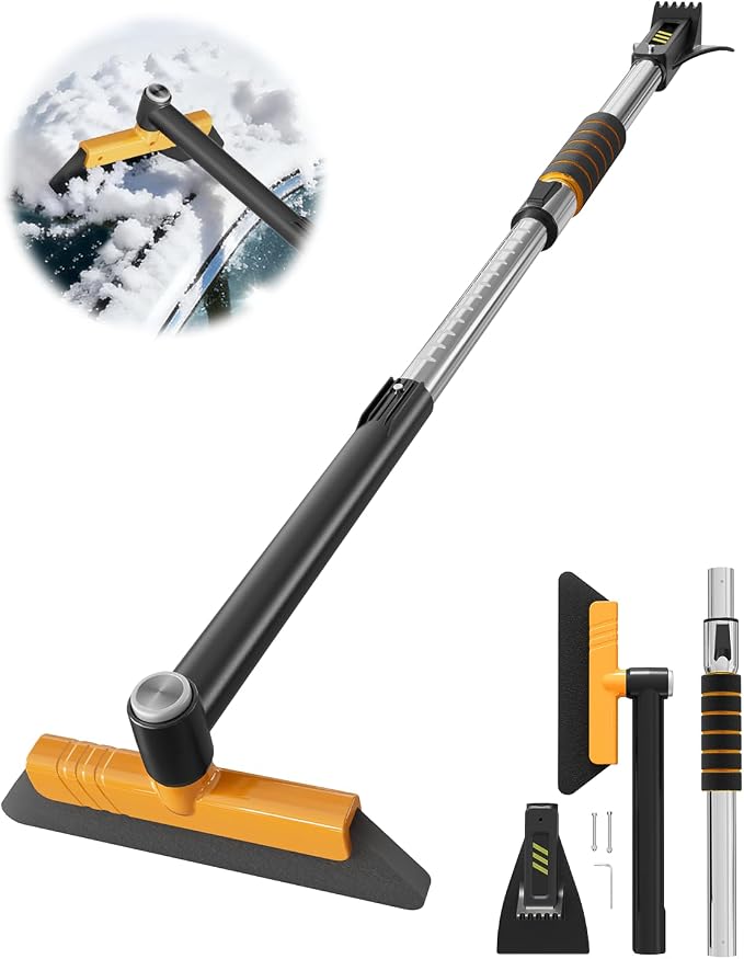 43.7" Extendable Ice Scrapers for Car Windshield for 12 Adjustable Length Settings with Foam Grip and 360° Pivoting Brush Head Detachable Snow Brush for Truck SUV(Orange)