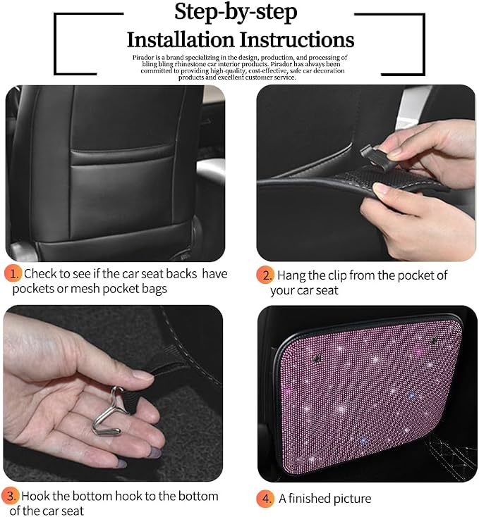Luster Crystal Car Seat Back Protectors Automobile Kick Mats with Sparkling Rhinestones, Bling Bling Diamond Auto Seat Back Kick Protectors Interior Accessories Universal Fit Pink 2Pcs