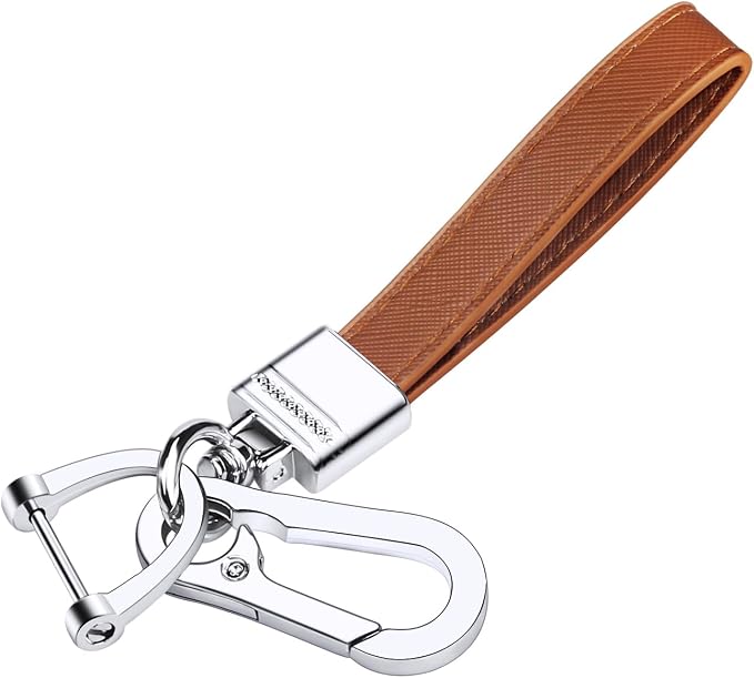 Genuine Leather Car Keychain,Universal Heavy Duty Metal Key Chain Accessories,Car Fob Key Keychain Holder with 360 Degree Rotatable Snap Swivel and Anti-Lost D-Ring for Men Women(Brown)