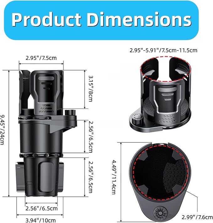 Cup Holder Expander for Car, 2-in-1 Car Cup Holder Expander Adapter with 360° Adjustable Base, Compatible with Most Large Bottles Drinks Mugs, Multiple Scenarios Use for Commuting, Road Trip (Black)