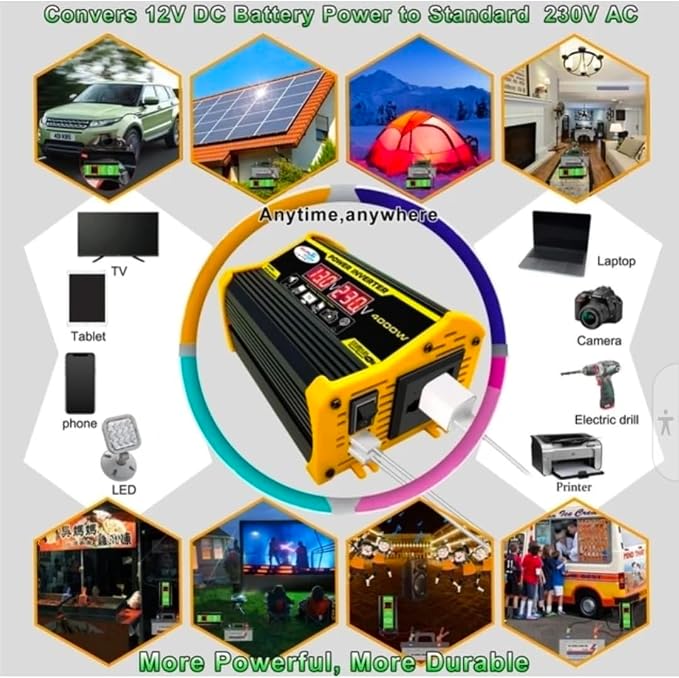 High-Power 4000W DC to AC Power Inverter – 12V to 110V/220V Converter with Dual USB Ports, Universal AC Outlet, LED Display for Cars, Trucks, RVs, and Home Backup (Yellow, 220V)
