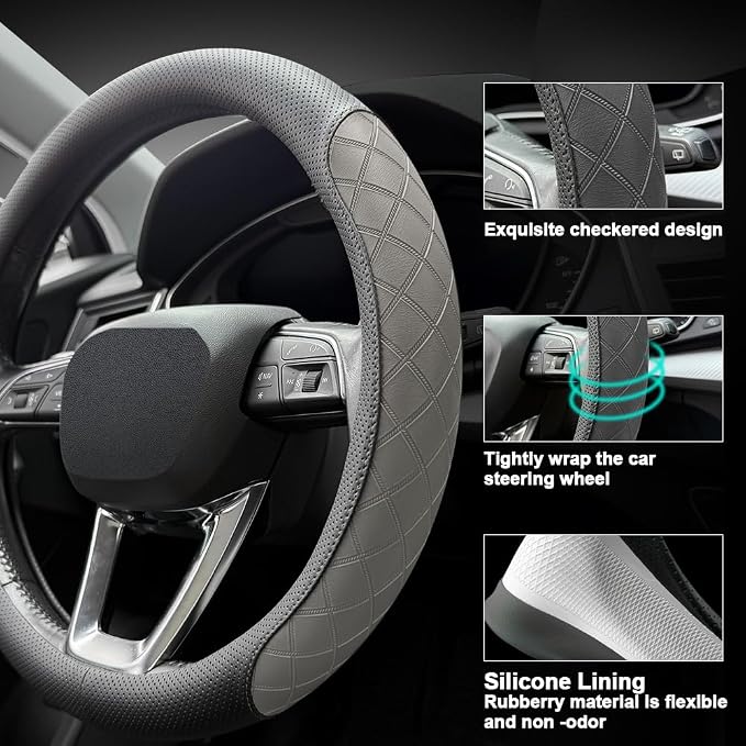 Nappa Leather Steering Wheel Cover,Elegant Diamond Checkered Design, Non-Slip wear-Resistant, Enhance Driving Comfort, Suitable for Steering Wheel Diameter 14 1/2‘-15’ Models.Black Gray