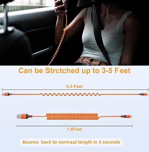 Coiled USB A to USB C Cable for Car [6FT, 2Pack], USB to USB C Cable Fast Charging 60W, USB Type C Cable iPhone Charger USBC Cord for iPhone 17/16/15/Pro Max/Plus/Samsung Galaxy S26/S25/Ultra-Orange