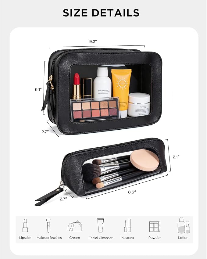2Pack Clear Makeup Bags, Portable Clear Makeup Brushes Bag Case Travel Car Accessories Essentials,Slim Makeup Pouch for Purse for Women (2Pack-Black Set)