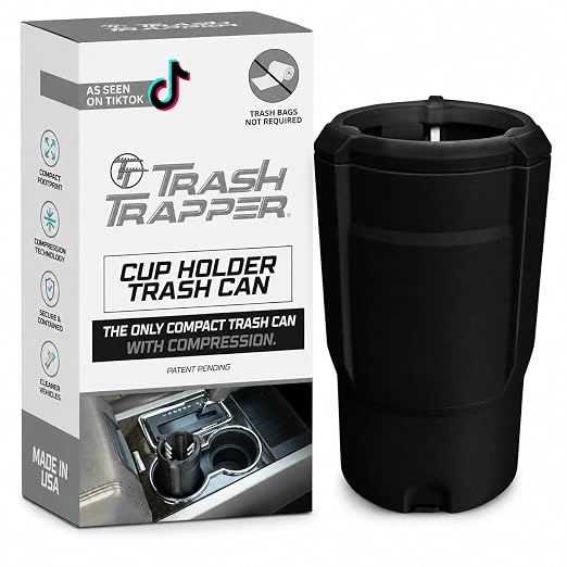 Car Trash Can Cup Holder | Mini Car Trash Can | Fits in Most Doors | 5.1" x 2.9" | Traps More & Empties Less, Patent-Pending Compaction, Holds Weeks of Small Garbage, Black/Grey