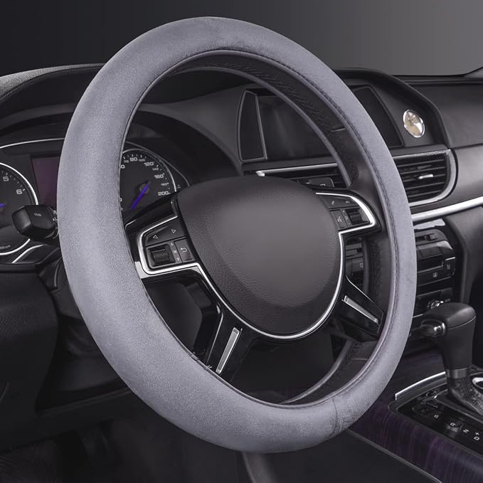 Car Steering Wheel Cover,14.5-15 Inch Gray Faux Suede Universal Memory Foam Auto Steering Wheel Covers Breathable Anti-Slip Odorless Steering Wheels Accessories for Men Women