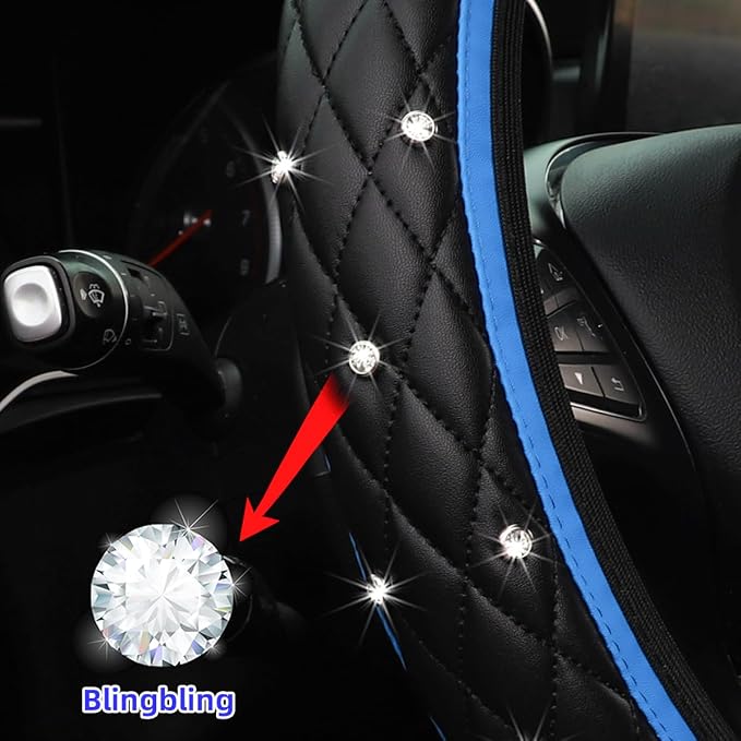 Bling Car Steering Wheel Cover, Non-Slip Elastic Stretch Leather Auto Steering Wheel Protector, Sparkling Diamond Vehicle Decor Accessories for Women Girls, Universal for Vehicles (Blue)