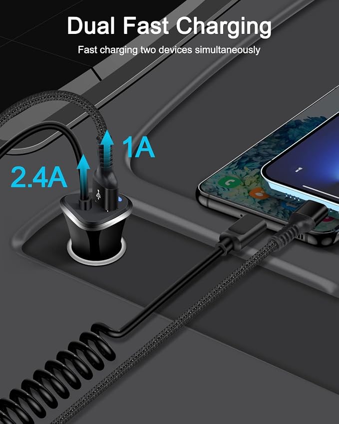 iPhone 17e USBC Car Charger with Built-in 3ft Coiled Cable Fast Charging | USB C Car Adapter for iPhone 17 16 15 Pro Max, Samsung S26 S25 Ultra Retractable Cord Type C Cigarette Lighter Adapter