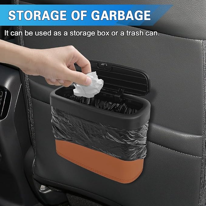 2PCS Car Trash Can with Lid, Press-Top Car Trash Bin with 30PCS Cars Trashs Bags, Small Automotive Dustbin Garbage Container Universal Fit Most Cars Office Home (2pcs-Brown)