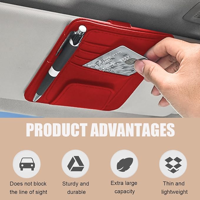 2 PCS Car Sun Visor Organizer, Small Auto Visor Organizer and Storage, Registration and Document Holder for Sunglasses, Card, Pen, Driver License, Car Accessories (Red)