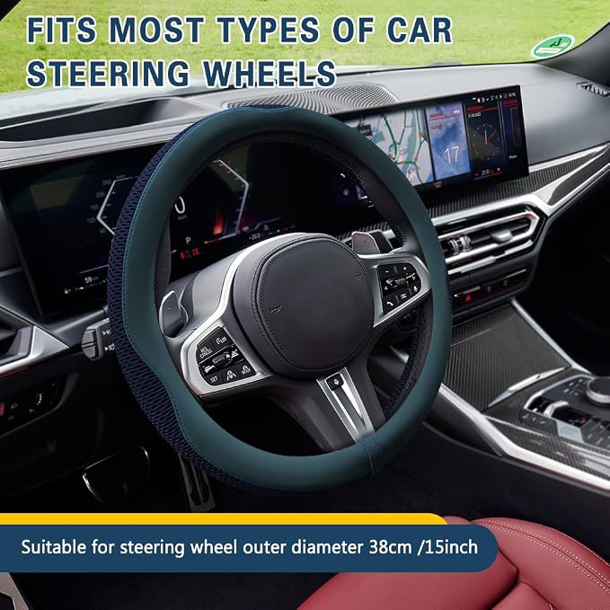 Car Steering Wheel Cover, Steering Wheel Accessories, Universal 15 Inch Microfiber Breathable LCE Silk, Car Accessories Breathable Anti-Slip Protector Universal for SUV Sedan Truck (Blue)