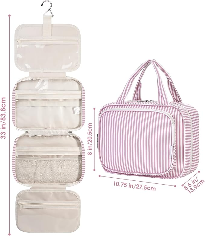 Striped Hanging Toiletry Bag for Women Travel Makeup Bag Organizer Toiletries Bag for Travel Size Essentials Accessories Cosmetics (Dusty Pink Stripe (Medium))