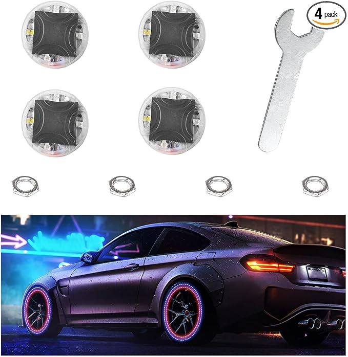 Wevdn 4 PCS Car Tire Wheel Lights, Colorful Solar LED Tire Valve Cap Lamp with Motion Sensor, Waterproof Flash Valve Stem Caps Lights for Cars, Truck, Bicycles, Motorcycles (4 PCS)