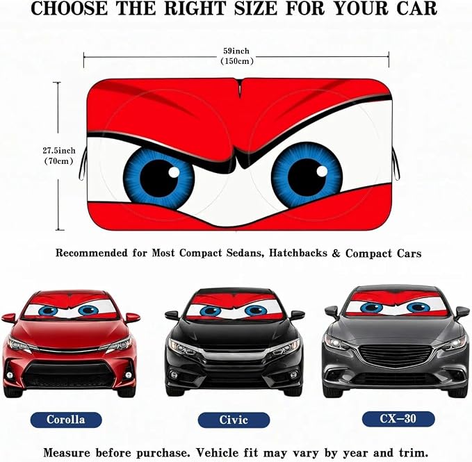 Car Windshield Sun Shade, Universal Fit Compact Sedan SUV, Angry Red | 59 x 27.5" Car Sun Visor, Foldable Front Window Sunshade, UV Heat Protection, Cute Eyes Series