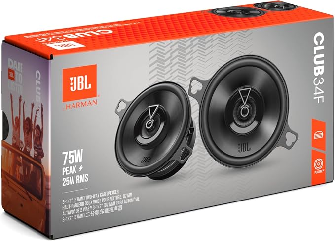 Club 34F - 3-1/2" (87mm) Two-Way Car Speaker, 75 Watts Peak, 25 Watts RMS, Sensitivity (@ 2.83V): 89dB, Frequency Response: 90Hz – 20kHz, Nominal Impedance: 3.0 ohms