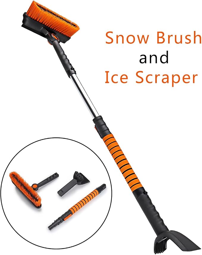 Set 41" Length Snow Brush Ice Scraper with Extendable Handle w/Foam Grip, Orange Black Silver, 180° Pivoting Head, Storage Bag, for Car Windshield Auto Truck SUV Home Use Winter Christmas