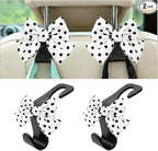 2PCS Car Seat Headrest Hooks, Cute Bow Vehicle Backseat Storage Hanger for Handbag Umbrella Coat, Automotive Seat Back Hook Holder Organizer Decor, Universal for Vehicles (White Polka Dots)
