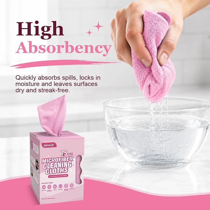 Microfiber Cleaning Cloth, 75 Sheets Microfiber Towels for Cars Commercial Grade Washcloths Lint-Free Bulk Shop Towel Cleaning Rags for Household Restaurant Garage Housekeeping, 11"x 9", Pink