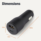 Fast-Charging Car Charger, 1 USB-C (20W) + 1 USB-A (12W), 32W, with 3-Ft Cable, Black