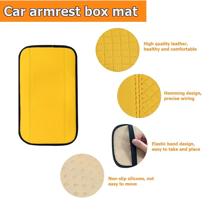 Car Armrest Storage Box Mat, Fiber Leather Car Center Console Cover, Car Armrest Seat Box Cover Accessories Interior Protection for Most Vehicle, SUV, Truck, Car (Yellow)