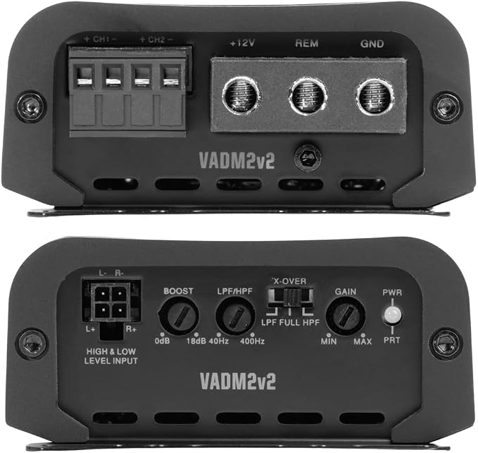 VADM2v2 2-Channel Class D Amplifier 1200W Peak, 600W RMS, 2/4-ohm Stable, High/Low Pass X-Over, for Car/Truck/Marine/UTV/Motorcycle (VADM2 Version 2)