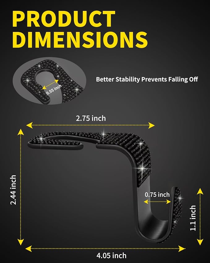 4 Pack Blink Diamond Car Seat Headrest Hooks Crystal Rhinestone Car Purse Holder Universal Interior Accessories for Handbags, Water Bottles, Coats, Umbrellas, Black