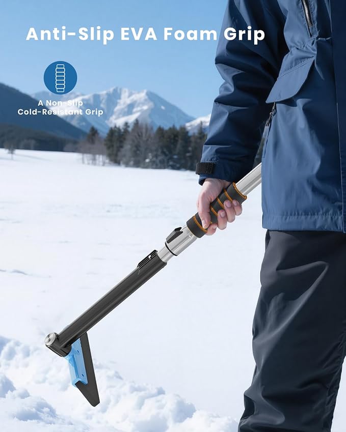 43.7" Extendable Ice Scrapers for Car Windshield for 12 Adjustable Length Settings with Foam Grip and 360° Pivoting Brush Head Detachable Snow Brush for Truck SUV(Blue)