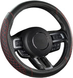 Car Steering Wheel Cover for Ford Escape,Explorer,Fusion,Focus,Bronco,Transit,Edge(Diamond Quilted - Black+Red- Standard Size)