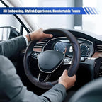 15Inch Leather Car Steering Wheel Cover for SUV, Truck, BlackBlue | Anti-Slip Breathable Automotive Steering Wheel Protector, Universal Heat Resistant Vehicle Interior Accessories