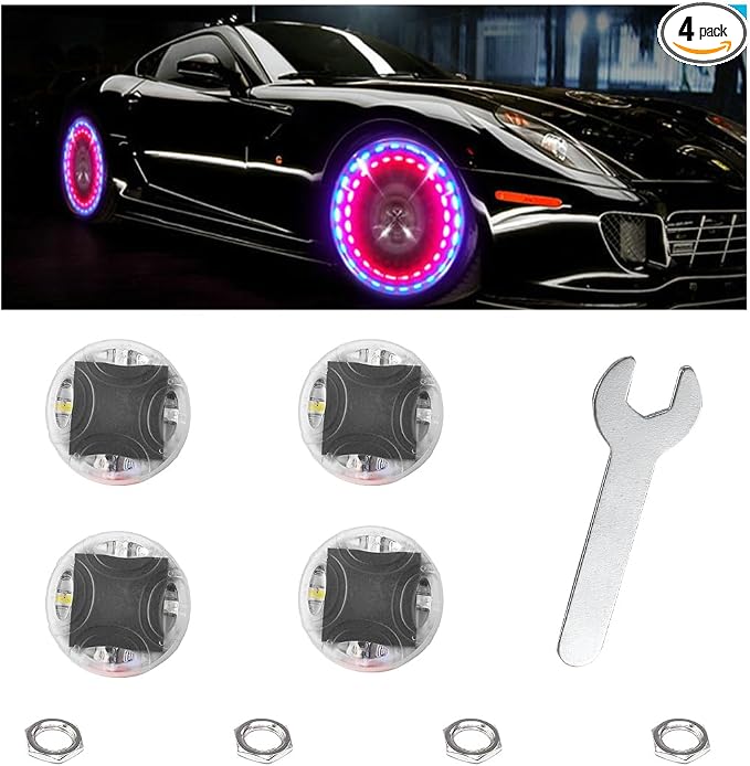 4PCS Car Tire Wheel Lights, Colorful Flashing LED Air Valve Cap Lights with Motion Sensor, Solar Waterproof Tire Light Gas Nozzle for Truck Bike Motorcycle, Car Accessories