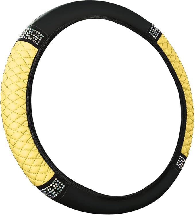 Bling Car Steering Wheel Cover, 15 Inch Rhinestones Soft Leather Elastic Steering Wheel Protector, Sparkly Crystal Diamond for Women, Car Interior Accessories for Most Cars (Yellow)