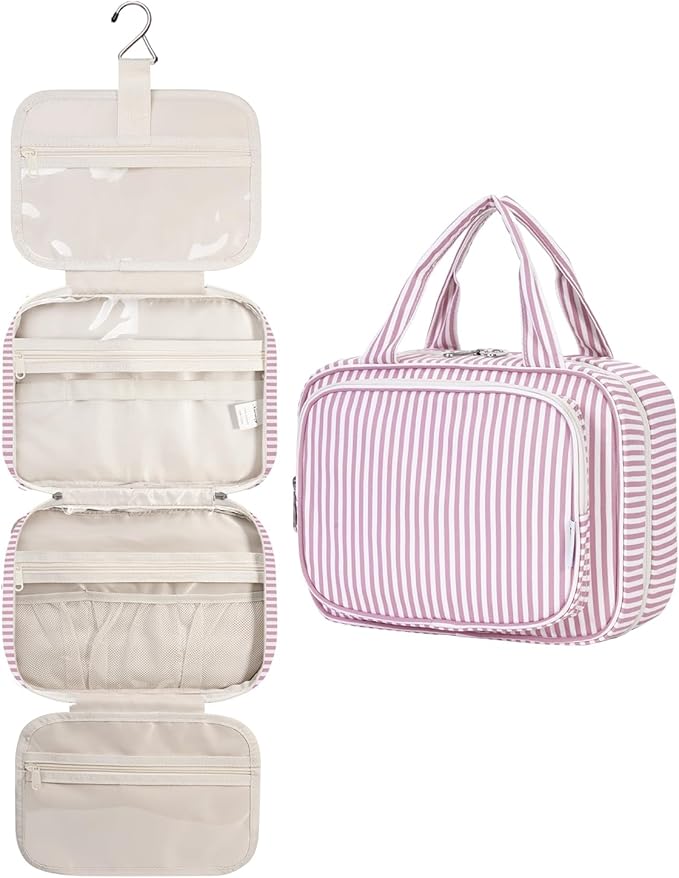 Striped Hanging Toiletry Bag for Women Travel Makeup Bag Organizer Toiletries Bag for Travel Size Essentials Accessories Cosmetics (Dusty Pink Stripe (Medium))